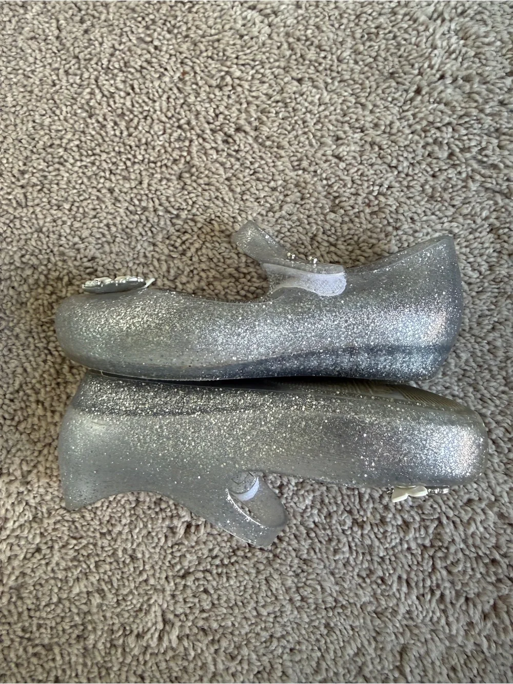 Mini Melissa Silver Glitter Mary Jane Shoes with Flower Accents